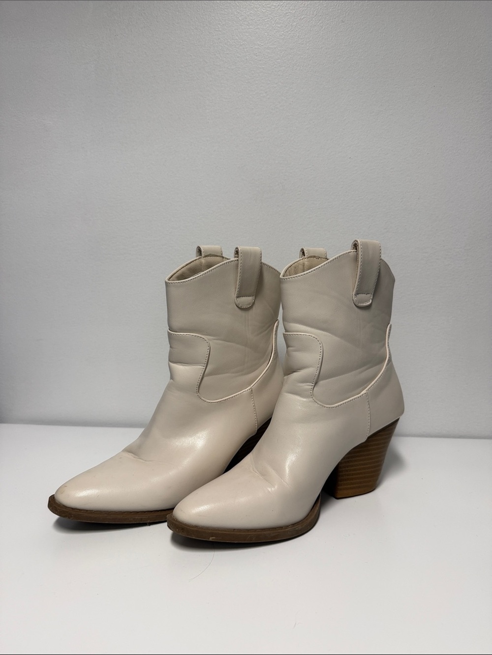 Windsor Cream Western Ankle Boots with Stacked Heel